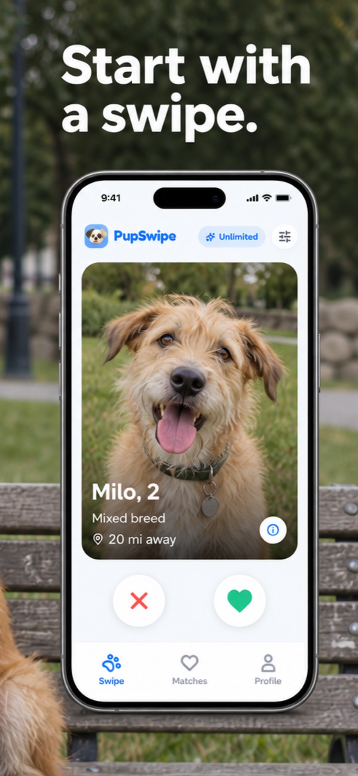 Pupswipe campaign: Start with a swipe, showing a dog profile on a phone